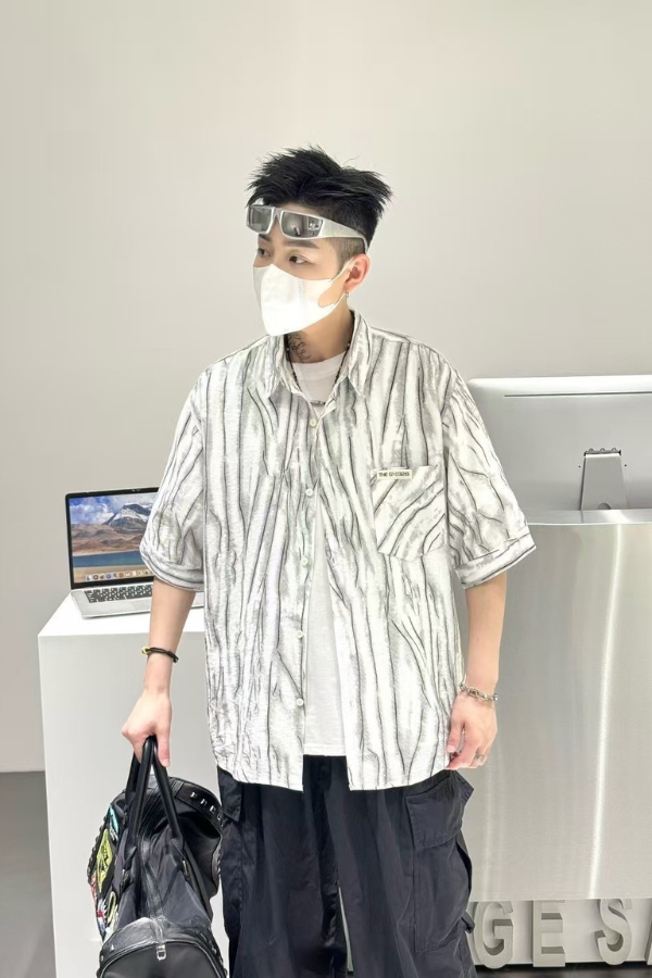 Abstract Stripe Overshirt – White Wave Edition