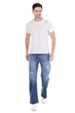 Mid Indigo Textured Wash Relaxed Fit Distressed Jeans