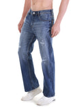 Mid Indigo Textured Wash Relaxed Fit Distressed Jeans
