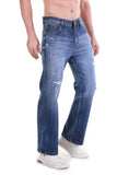 Mid Indigo Textured Wash Relaxed Fit Distressed Jeans