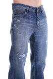 Mid Indigo Textured Wash Relaxed Fit Distressed Jeans