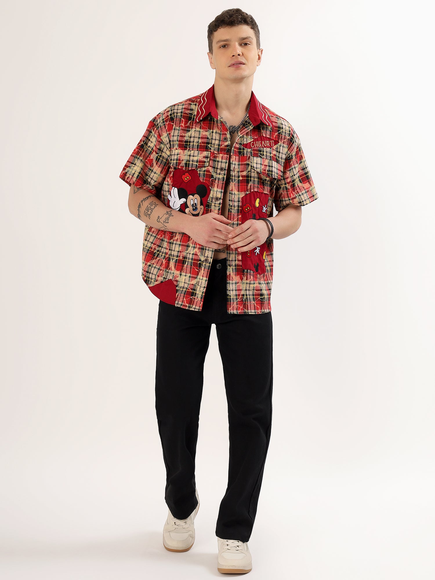 Men's red check mickey shirt
