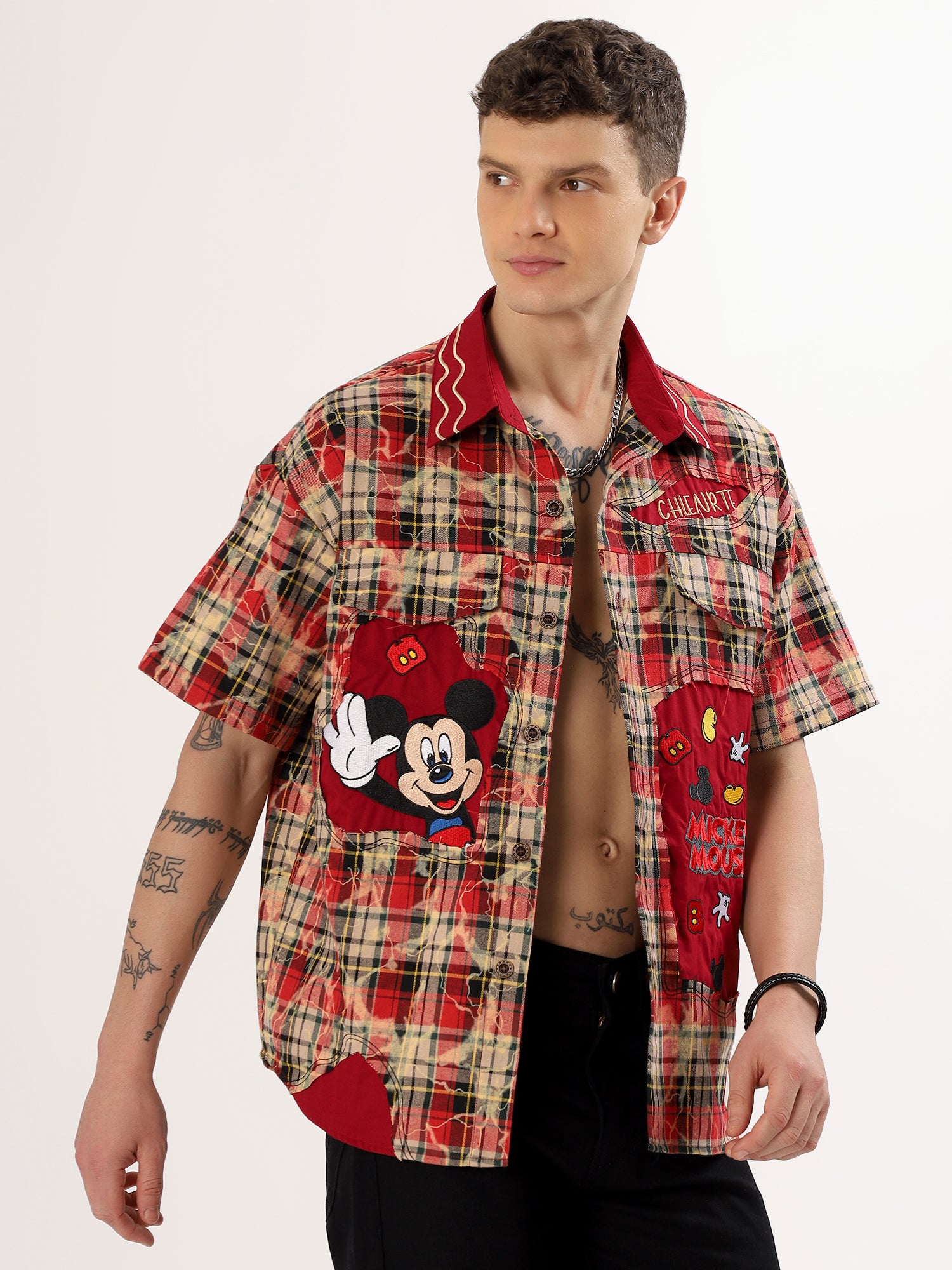 Men's red check mickey shirt