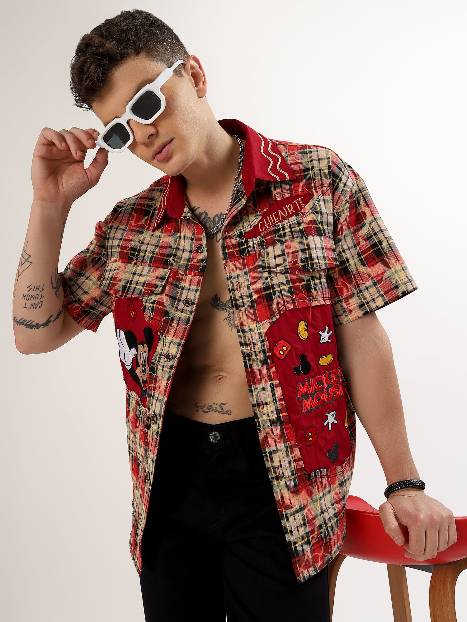 Men's red check mickey shirt