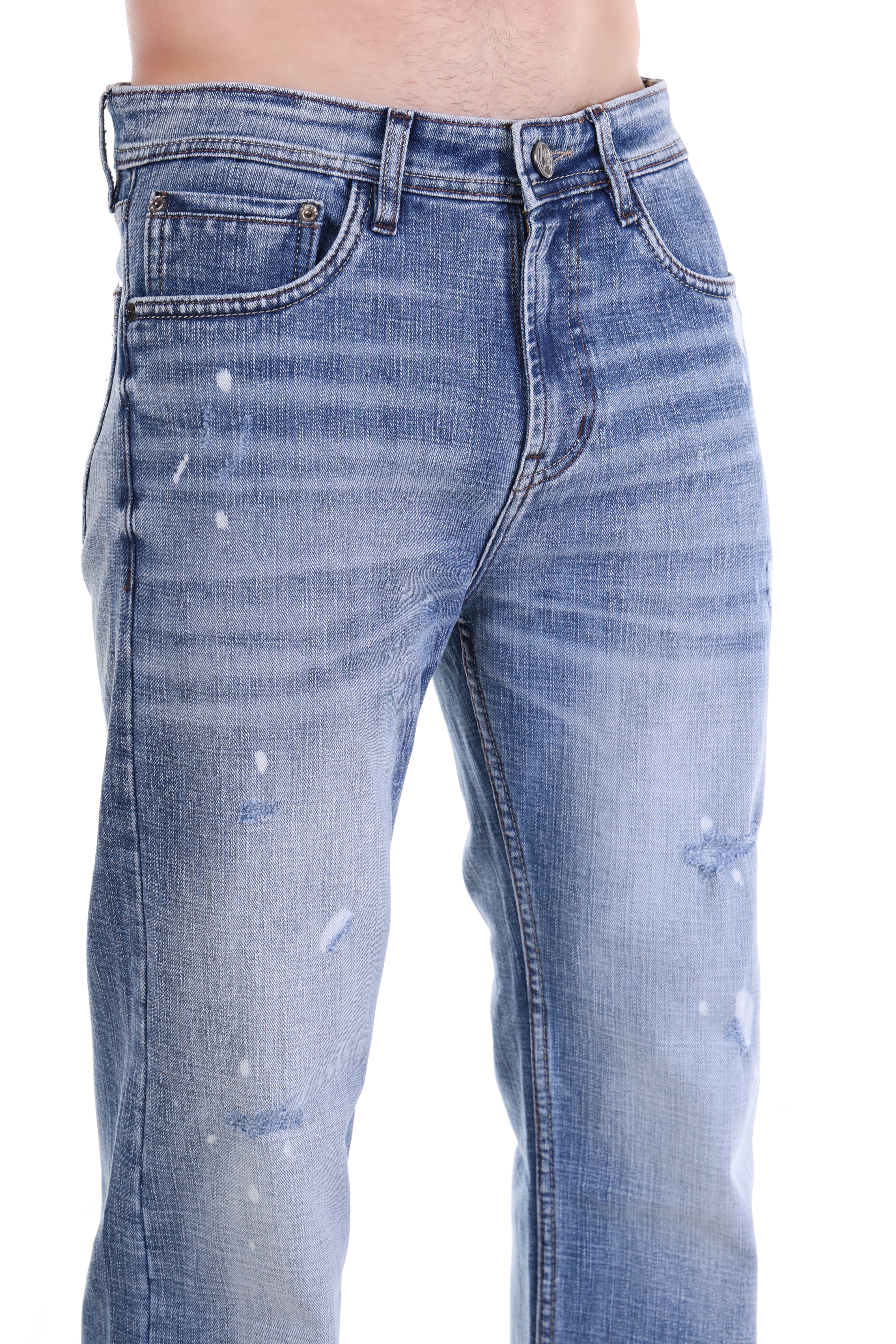 Light Blue Vintage Wash Straight-Leg Distressed Jeans