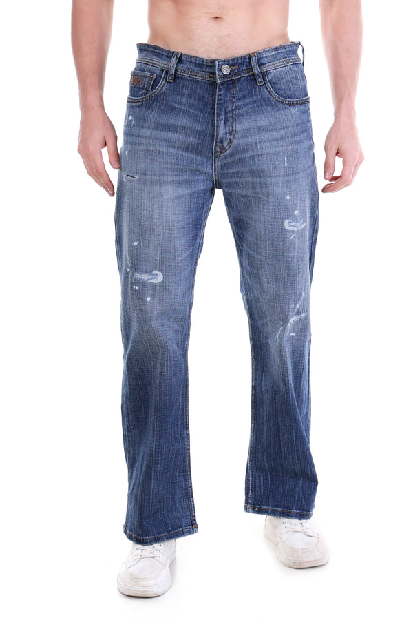 Mid Indigo Textured Wash Relaxed Fit Distressed Jeans