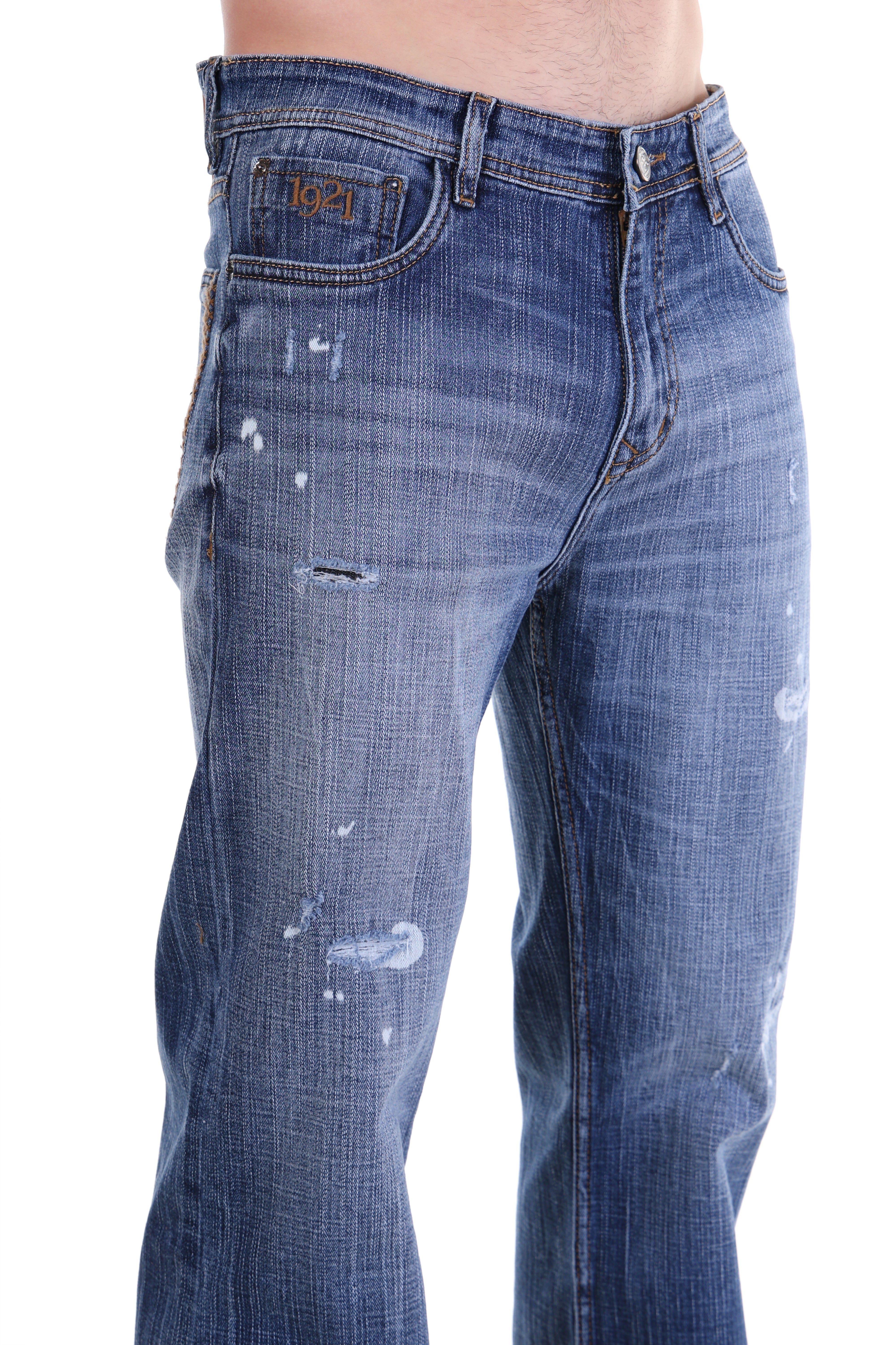 Mid Indigo Textured Wash Relaxed Fit Distressed Jeans