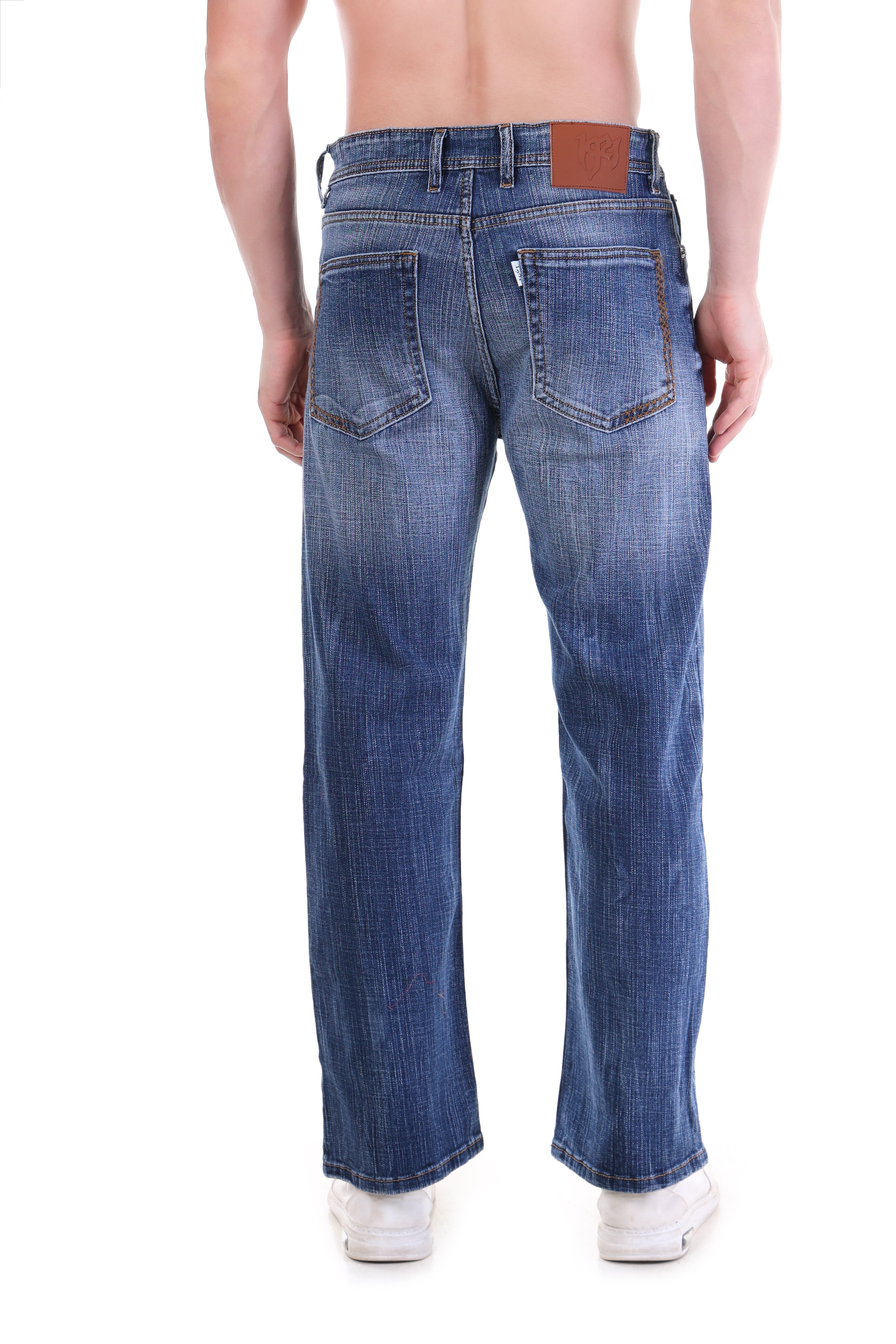 Mid Indigo Textured Wash Relaxed Fit Distressed Jeans